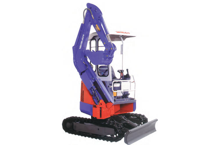 La miniexcavadora Takeuchi TB15FR, pintada con los colores rojo y malva.